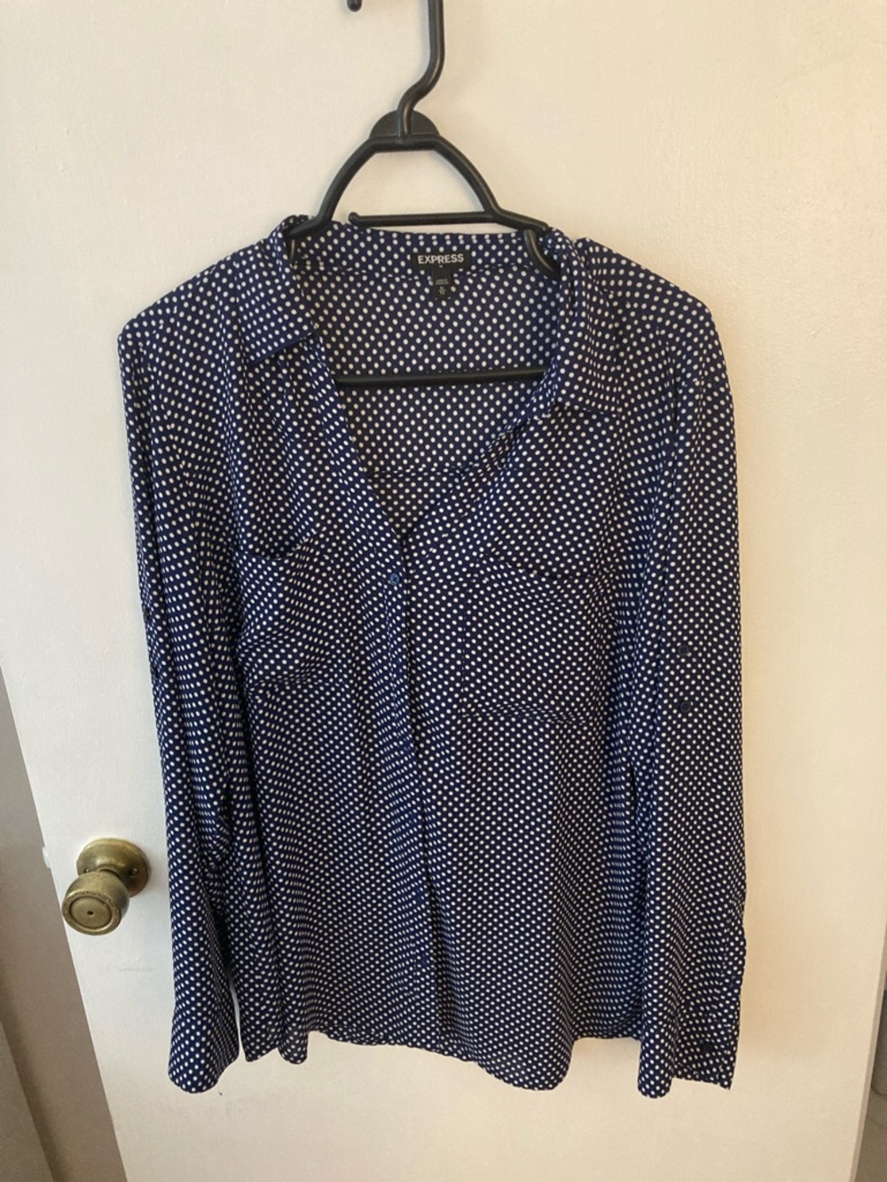 Express Navy and White Polka Dot Button-Up Blouse